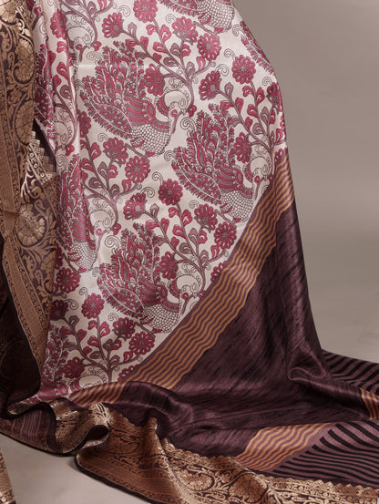 Light Pink Tasar Silk Printed Saree with Viscose Border Matching Blouse