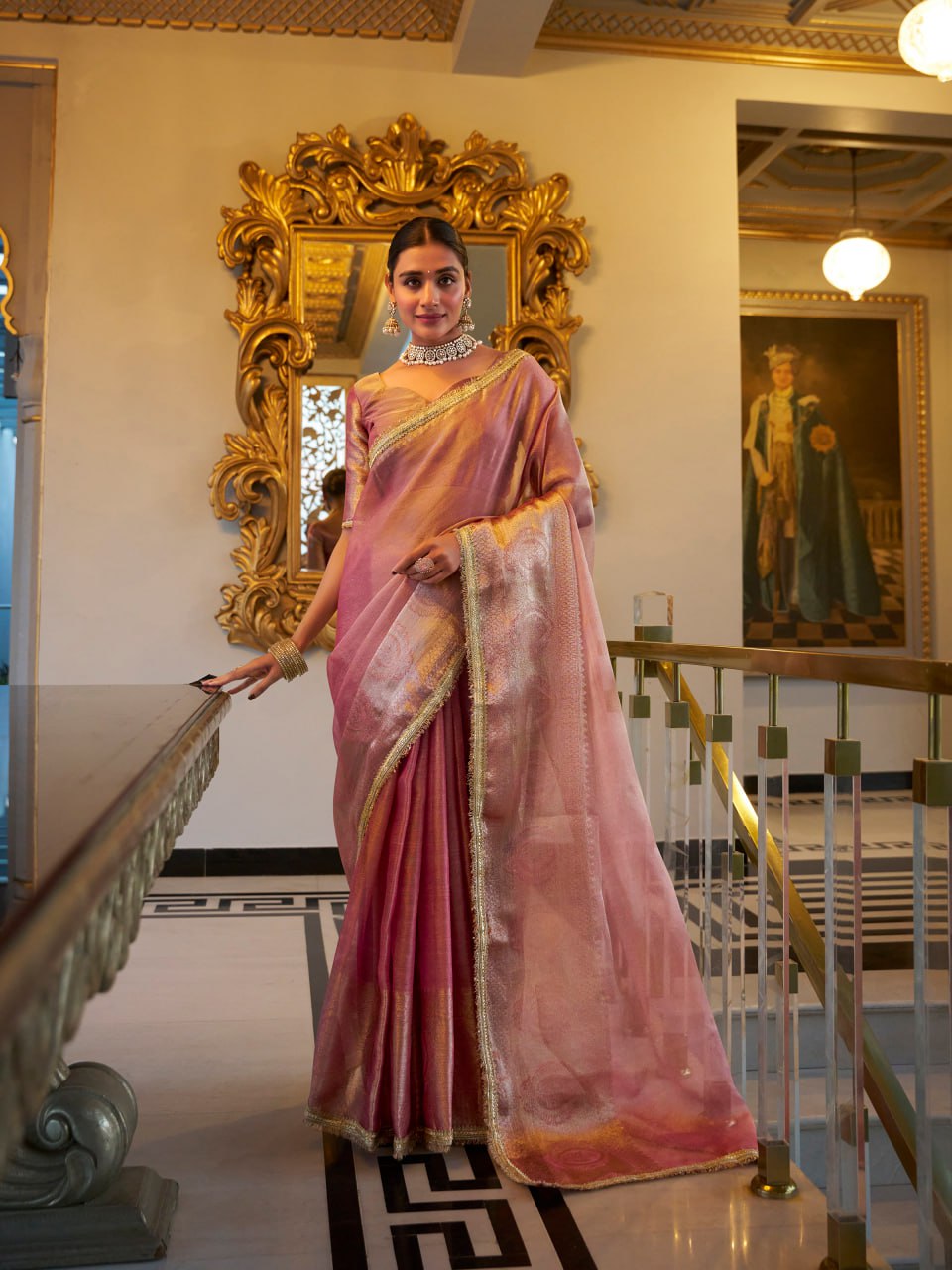Light Pink Tissue Shimmer Saree with Zari Weaving & Sequins Lace Border