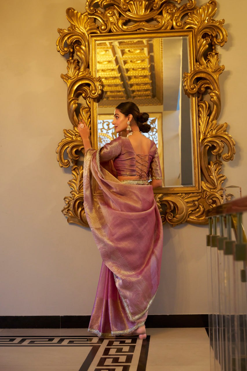 Light Pink Tissue Shimmer Saree with Zari Weaving & Sequins Lace Border