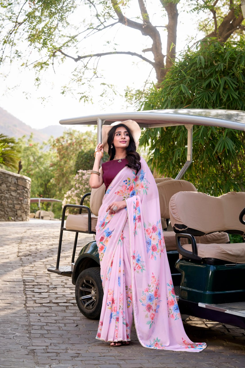 Light Pink Weightless Marble Floral Print Saree with Pearl Lace Border