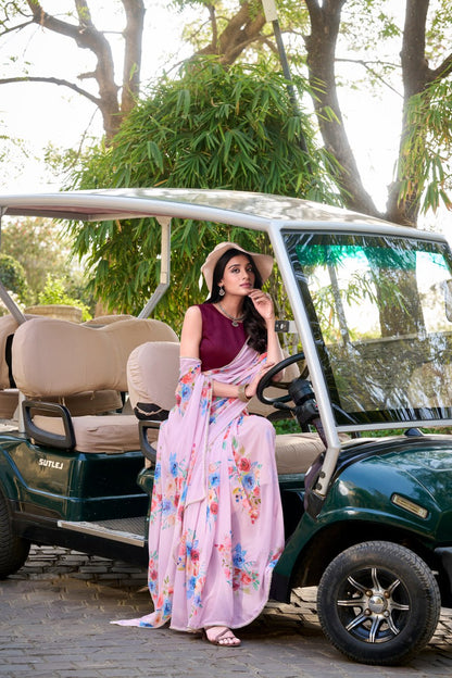 Light Pink Weightless Marble Floral Print Saree with Pearl Lace Border