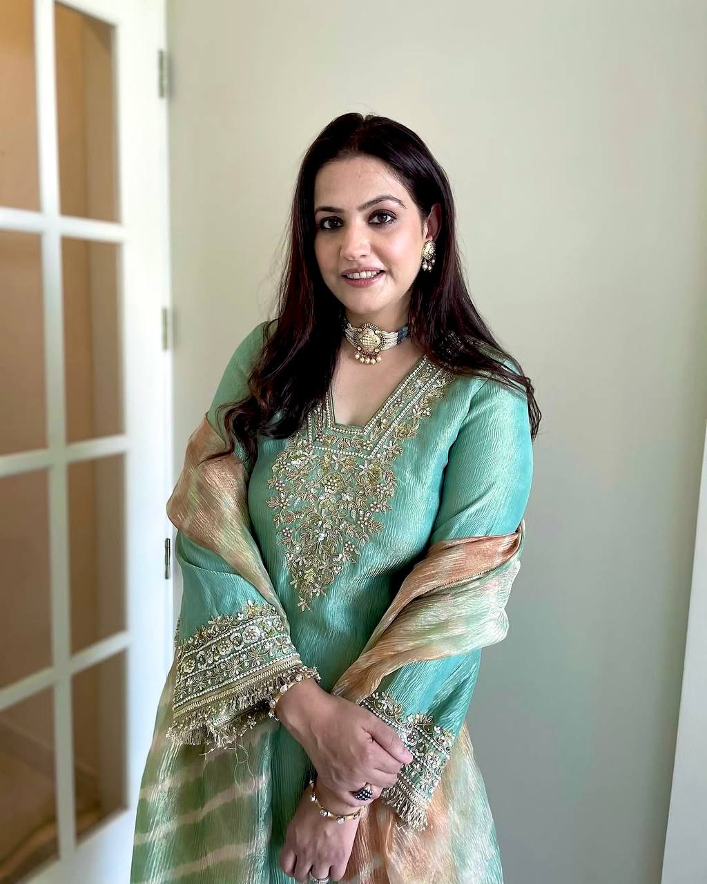 Light Pista Designer Crunchy Silk Plazzo Top and Jimmy Choo Dupatta