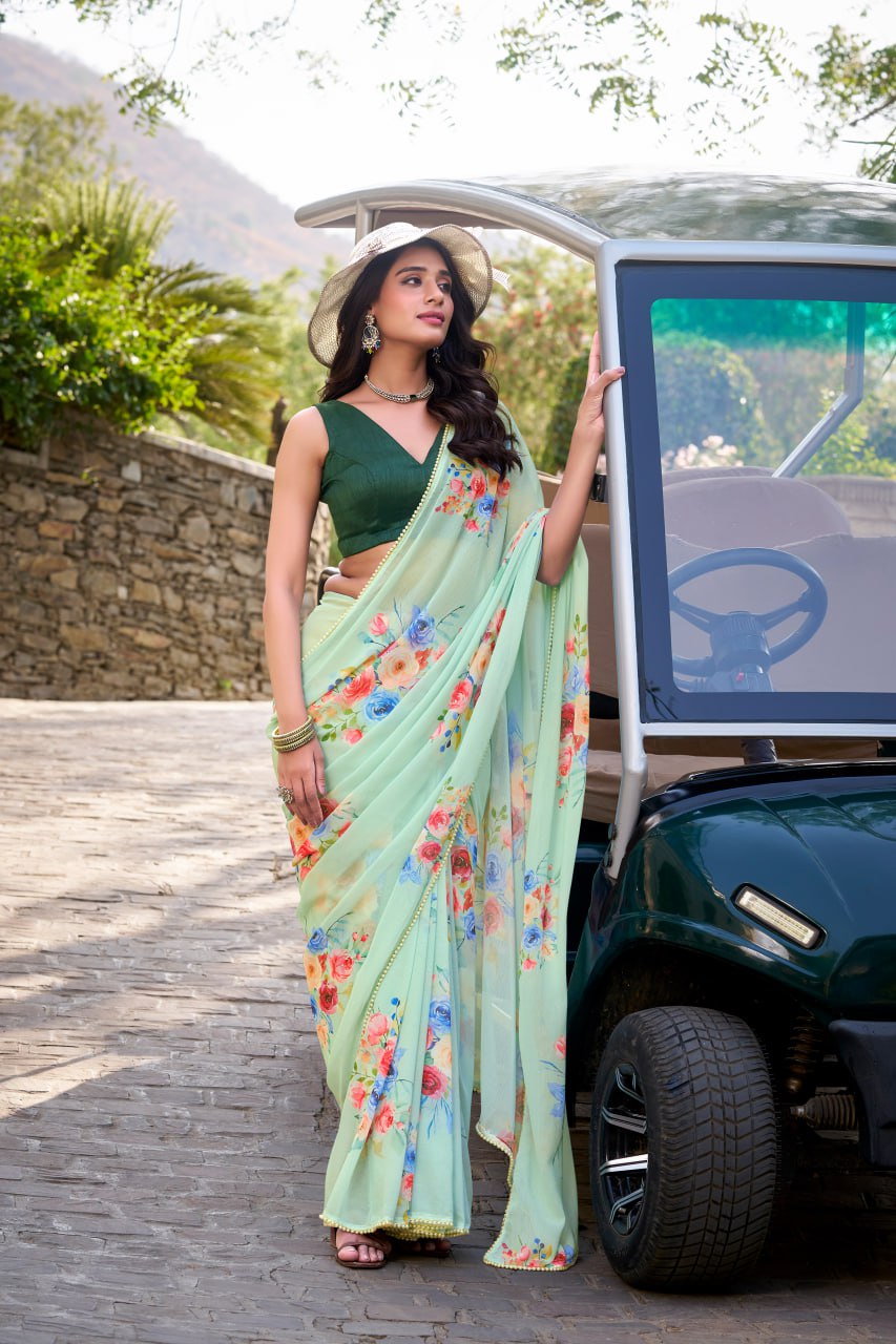 Light Pista Weightless Marble Floral Print Saree with Pearl Lace Border