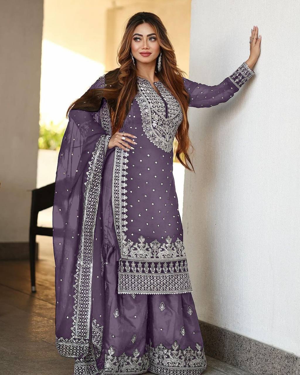 Light Purple Designer Faux Georgette Top Gharara & Dupatta For Party Wear