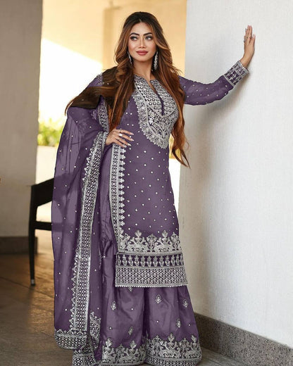 Light Purple Designer Faux Georgette Top Gharara & Dupatta For Party Wear