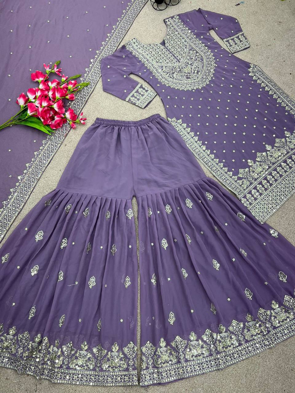 Light Purple Designer Faux Georgette Top Gharara & Dupatta For Party Wear