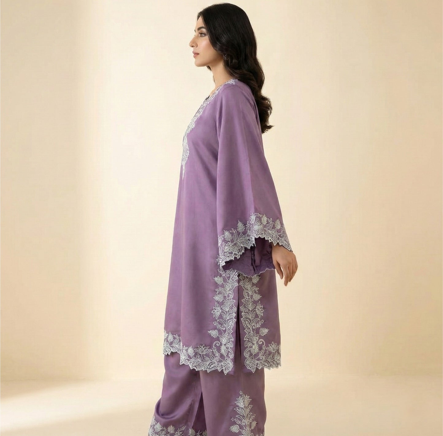 Light Purple Natural Crepe Sequins Embroidered Palazzo Suit Dupatta