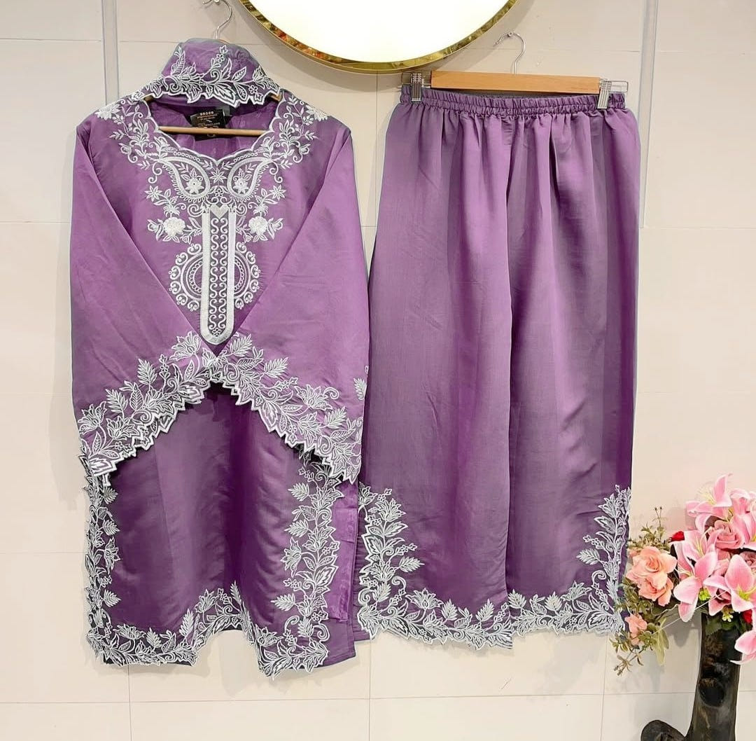 Light Purple Natural Crepe Sequins Embroidered Palazzo Suit Dupatta