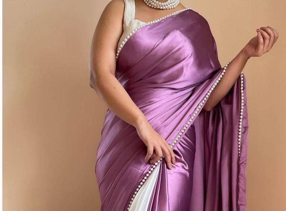 Light Purple Satin Saree with Moti Lace Border and White Blouse