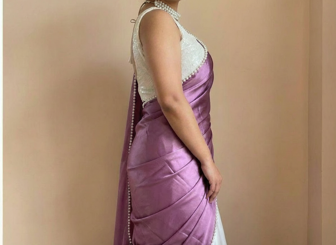 Light Purple Satin Saree with Moti Lace Border and White Blouse