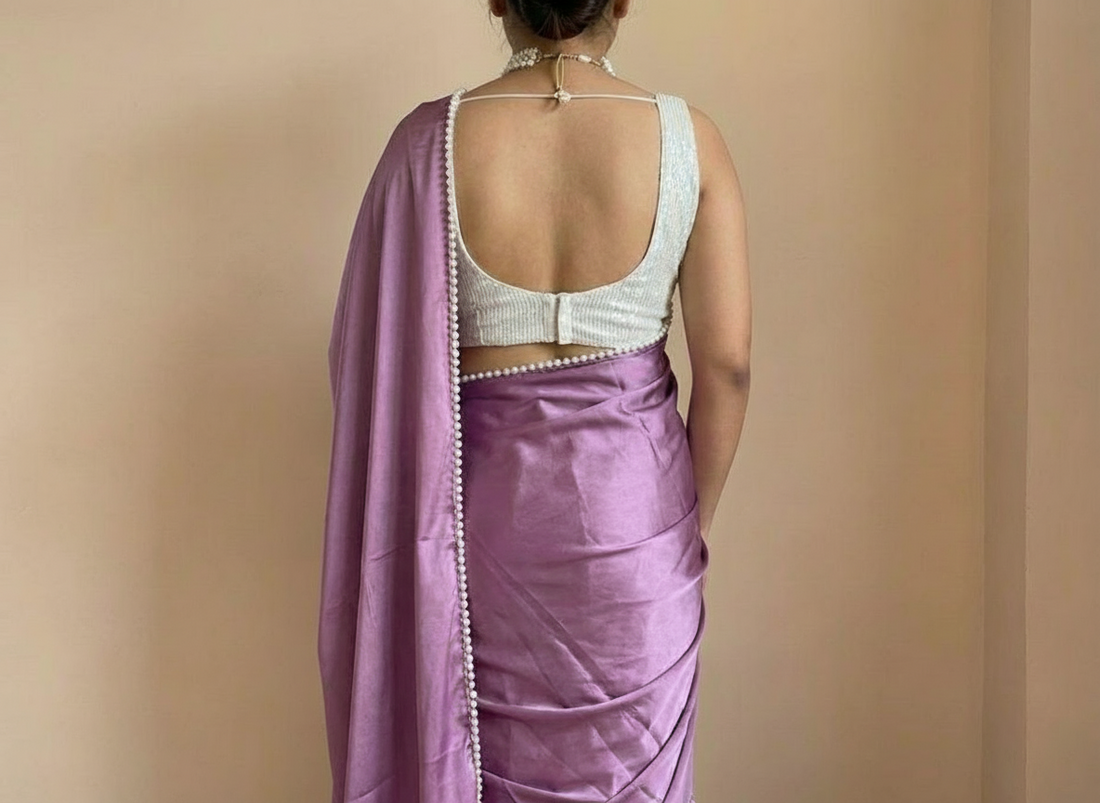 Light Purple Satin Saree with Moti Lace Border and White Blouse
