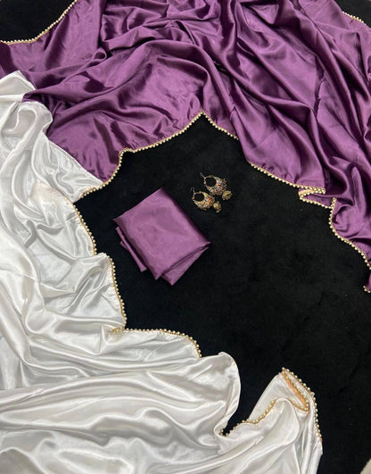 Light Purple Satin Saree with Moti Lace Border and White Blouse