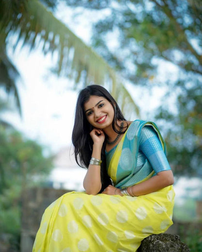 Light Yellow Traditional Kanchipuram Weaving Saree with Rama Border