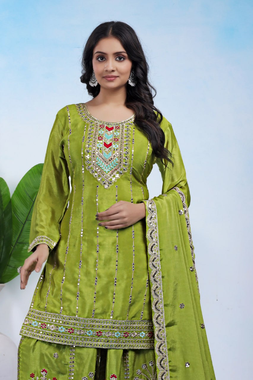 Lime Green Chinon Sharara Suit with Coding Embroidery Matching Dupatta