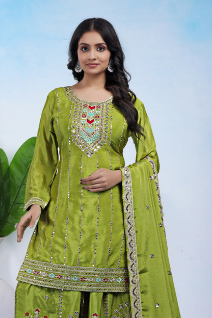 Lime Green Chinon Sharara Suit with Coding Embroidery Matching Dupatta