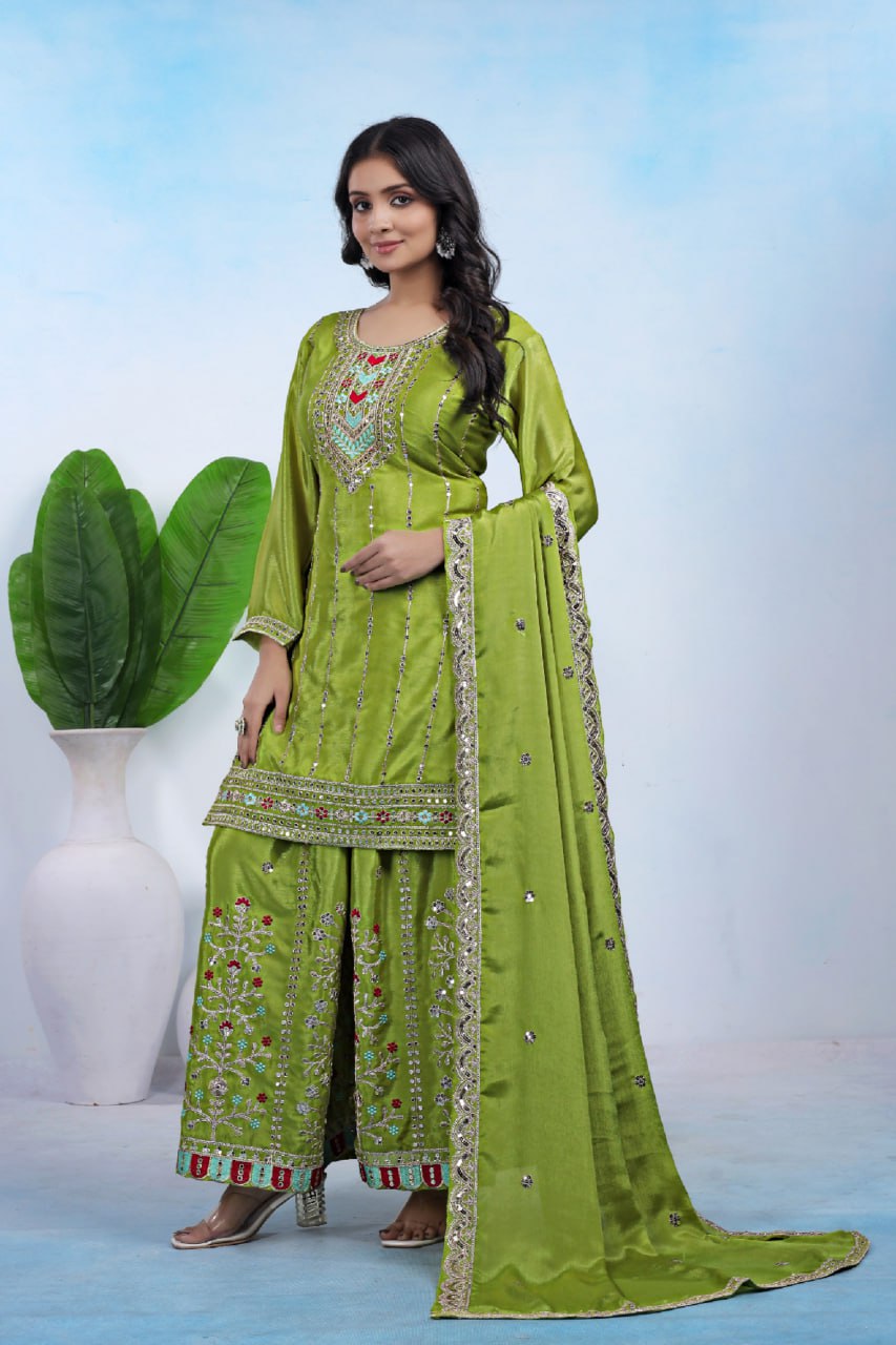 Lime Green Chinon Sharara Suit with Coding Embroidery Matching Dupatta