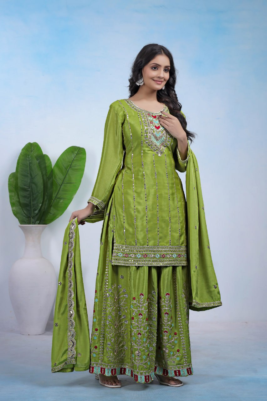 Lime Green Chinon Sharara Suit with Coding Embroidery Matching Dupatta