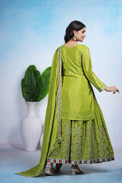 Lime Green Chinon Sharara Suit with Coding Embroidery Matching Dupatta