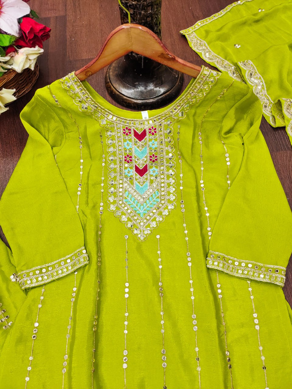 Lime Green Chinon Sharara Suit with Coding Embroidery Matching Dupatta