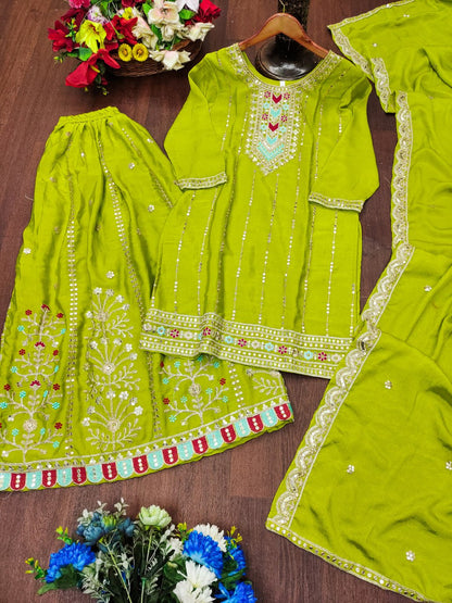 Lime Green Chinon Sharara Suit with Coding Embroidery Matching Dupatta