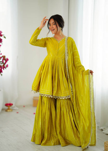 Lime Green Designer Mal Chanderi Mirror Work Sharara suit and Dupatta