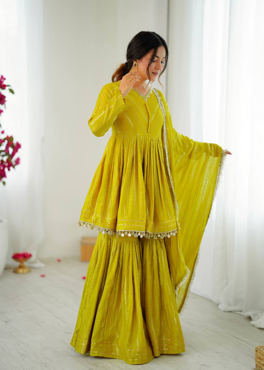 Lime Green Designer Mal Chanderi Mirror Work Sharara suit and Dupatta