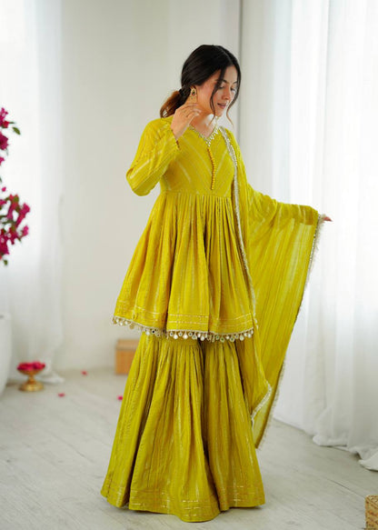 Lime Green Designer Mal Chanderi Mirror Work Sharara suit and Dupatta