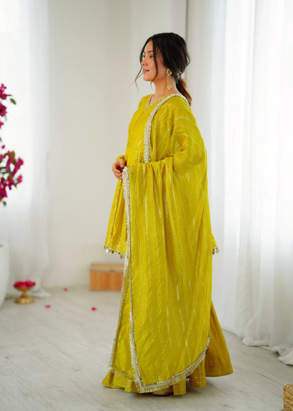 Lime Green Designer Mal Chanderi Mirror Work Sharara suit and Dupatta