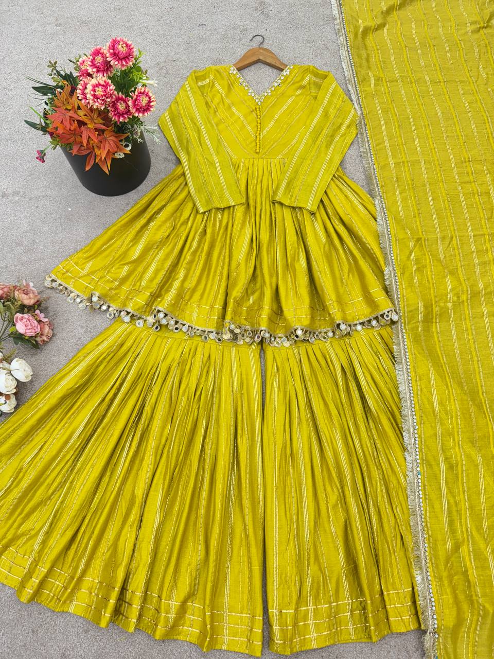 Lime Green Designer Mal Chanderi Mirror Work Sharara suit and Dupatta