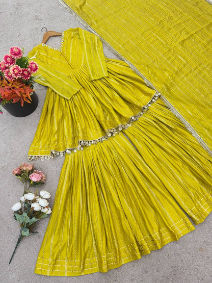 Lime Green Designer Mal Chanderi Mirror Work Sharara suit and Dupatta