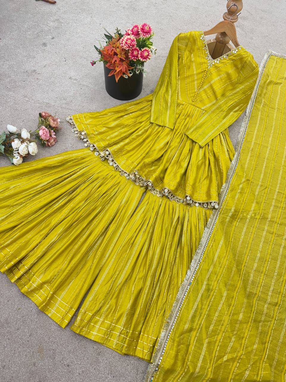 Lime Green Designer Mal Chanderi Mirror Work Sharara suit and Dupatta