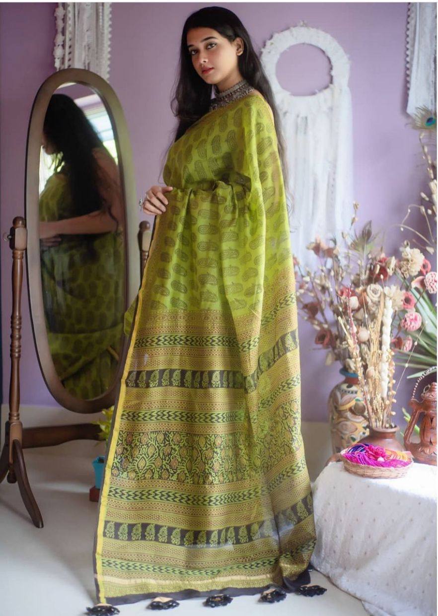 Lime Green Mulmul Cotton Digital Print Saree with matching Mulmul Blouse
