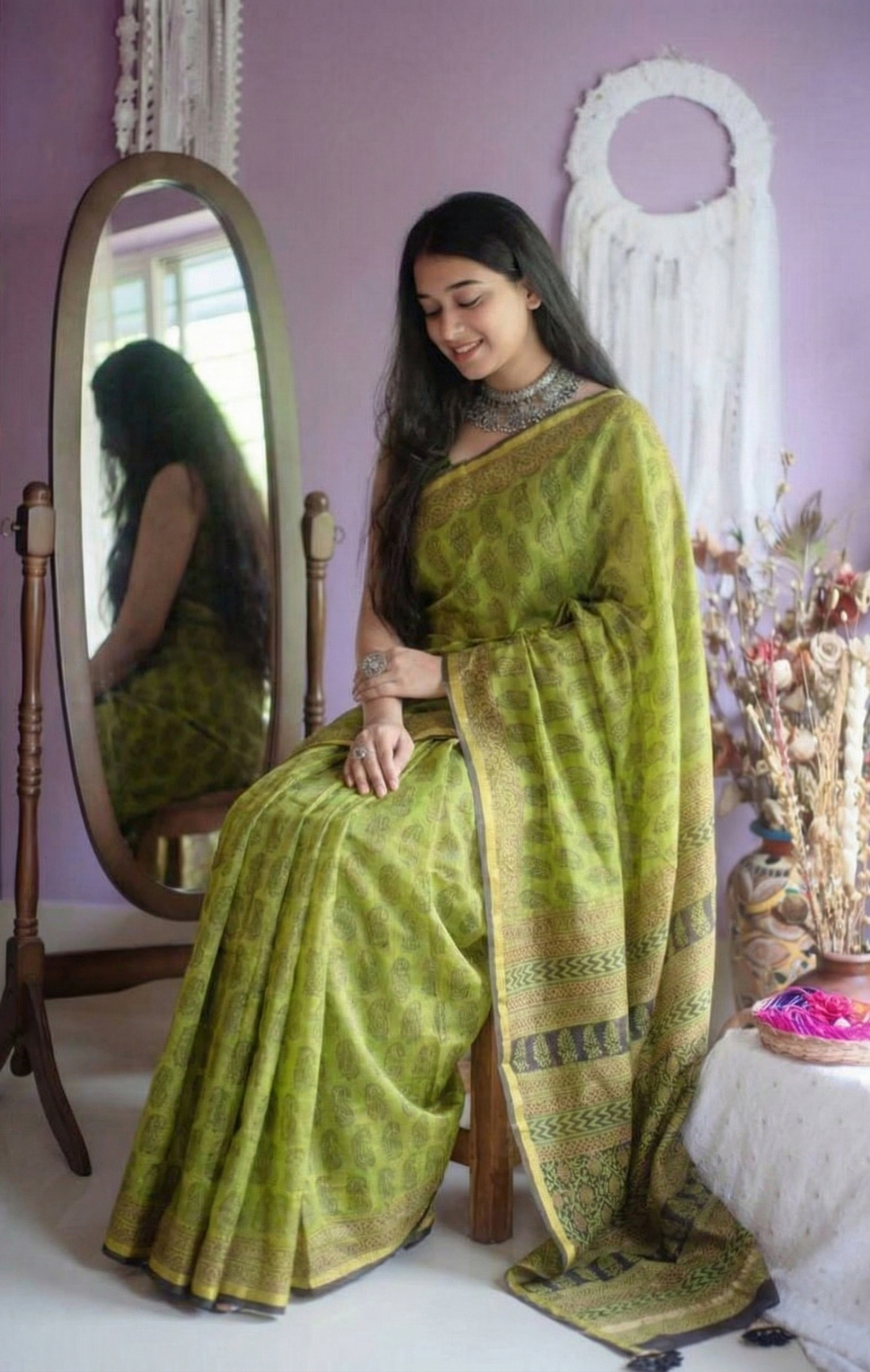 Lime Green Mulmul Cotton Digital Print Saree with matching Mulmul Blouse