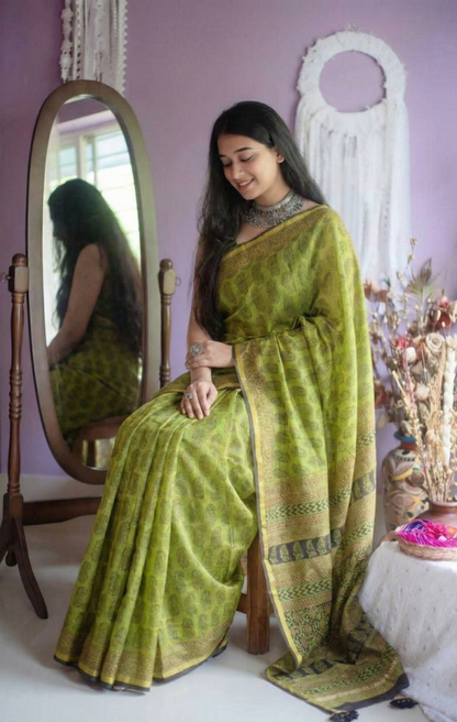 Lime Green Mulmul Cotton Digital Print Saree with matching Mulmul Blouse