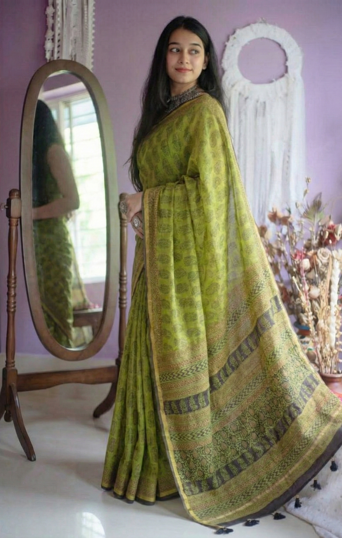 Lime Green Mulmul Cotton Digital Print Saree with matching Mulmul Blouse