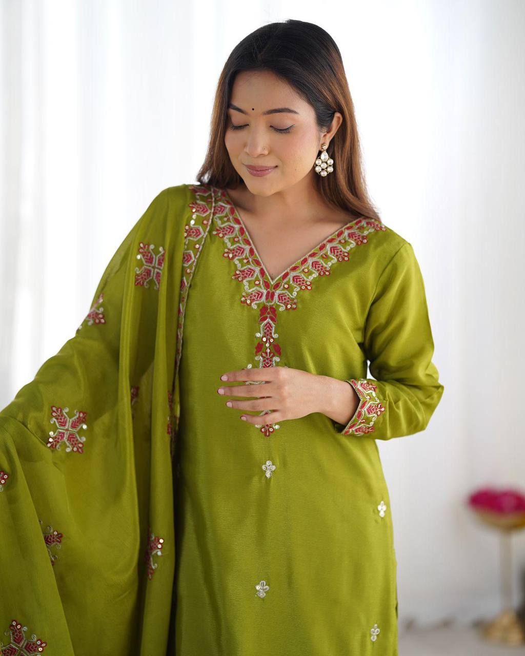 Lime Green Pure Chinnon Silk Top Bottom and Dupatta For Party Wear 