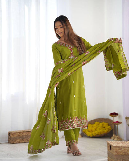 Lime Green Pure Chinnon Silk Top Bottom and Dupatta For Party Wear
