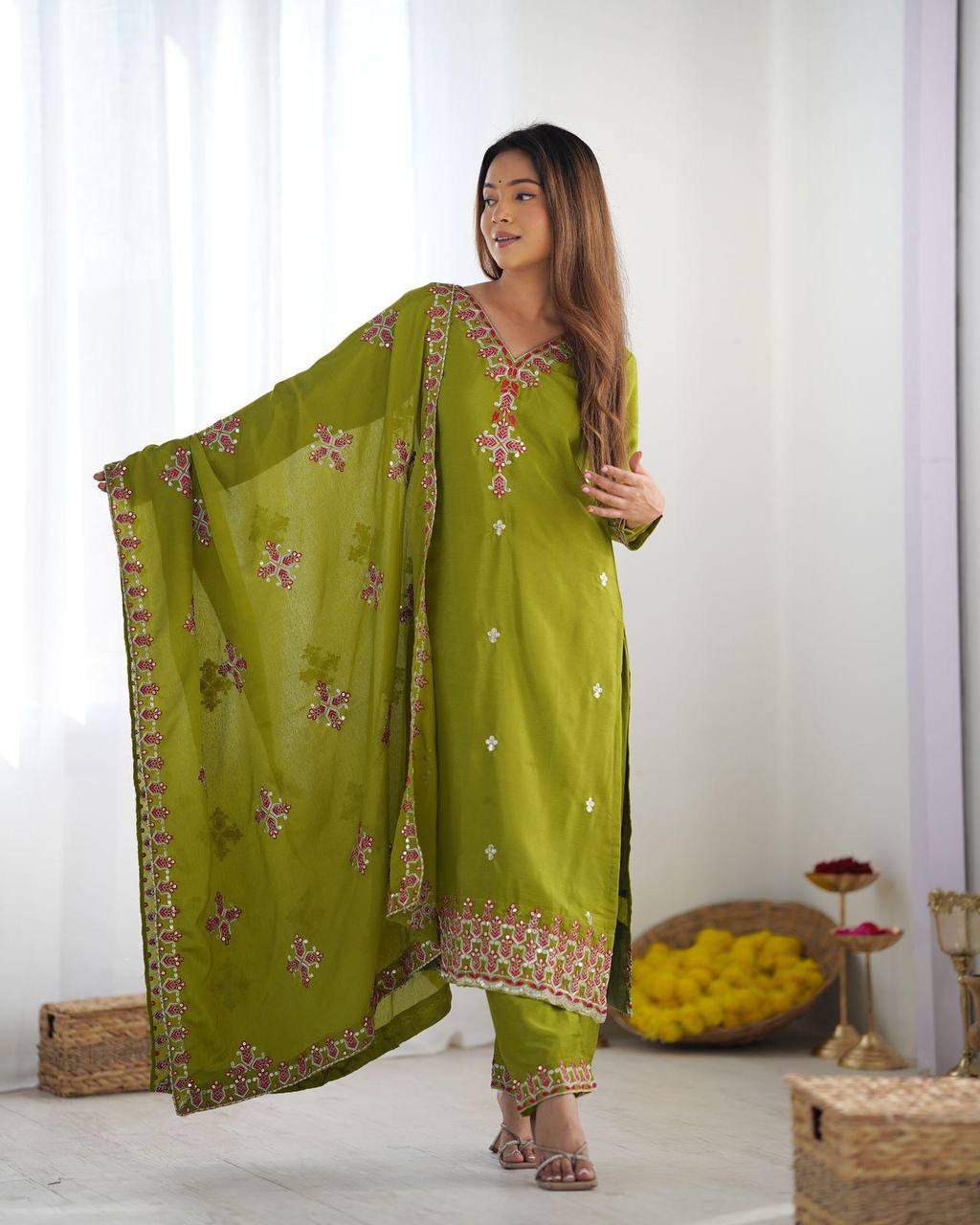 Lime Green Pure Chinnon Silk Top Bottom and Dupatta For Party Wear 