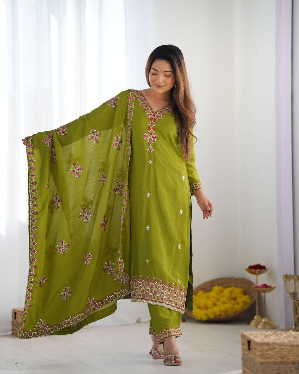 Lime Green Pure Chinnon Silk Top Bottom and Dupatta For Party Wear 