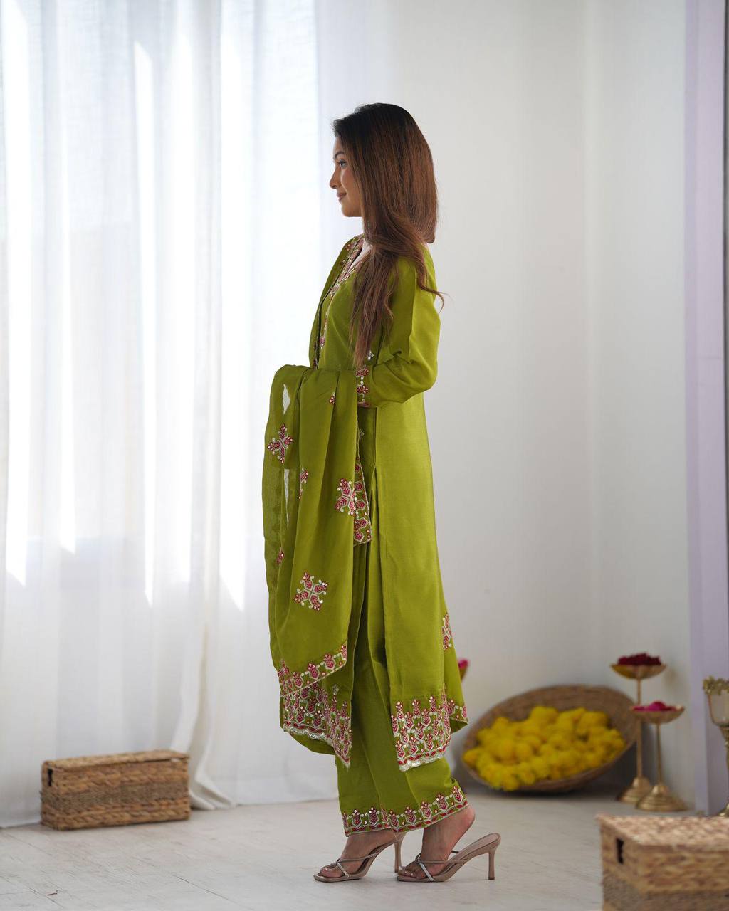 Lime Green Pure Chinnon Silk Top Bottom and Dupatta For Party Wear 