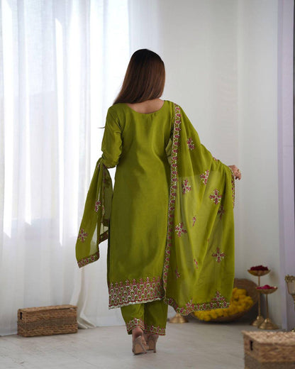 Lime Green Pure Chinnon Silk Top Bottom and Dupatta For Party Wear 