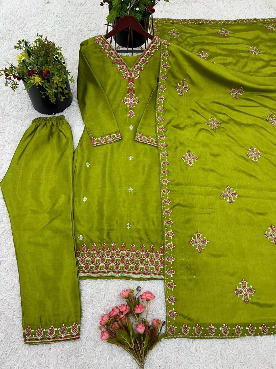 Lime Green Pure Chinnon Silk Top Bottom and Dupatta For Party Wear 