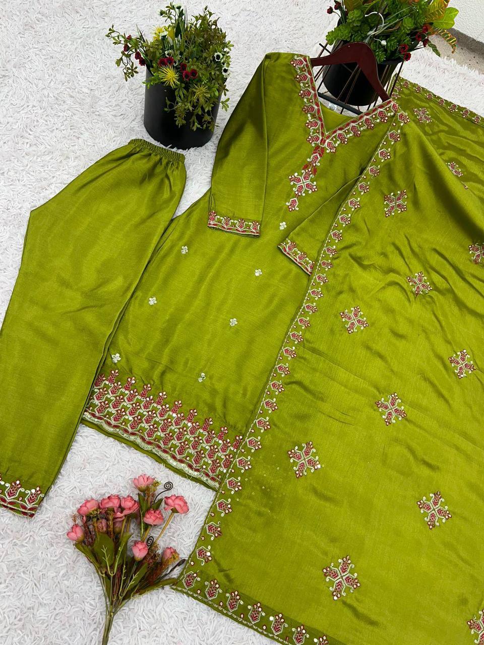 Lime Green Pure Chinnon Silk Top Bottom and Dupatta For Party Wear 