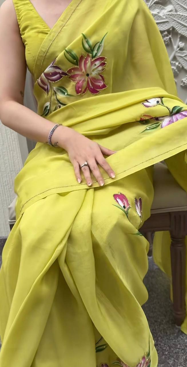 Lime Green Soft Tebi Silk Print Saree with Sequins Handwork Border