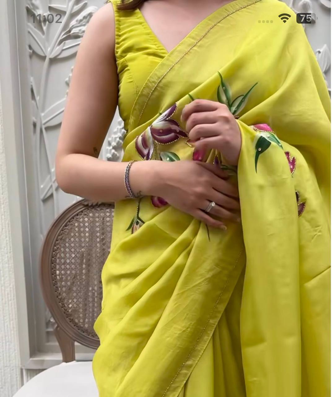 Lime Green Soft Tebi Silk Print Saree with Sequins Handwork Border
