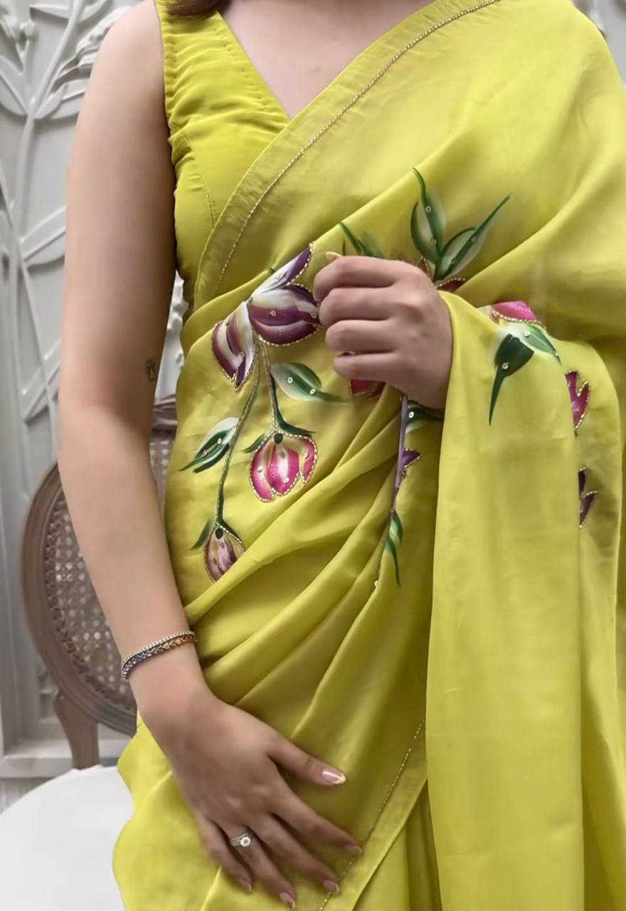 Lime Green Soft Tebi Silk Print Saree with Sequins Handwork Border