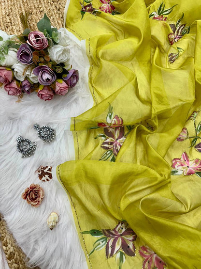 Lime Green Soft Tebi Silk Print Saree with Sequins Handwork Border