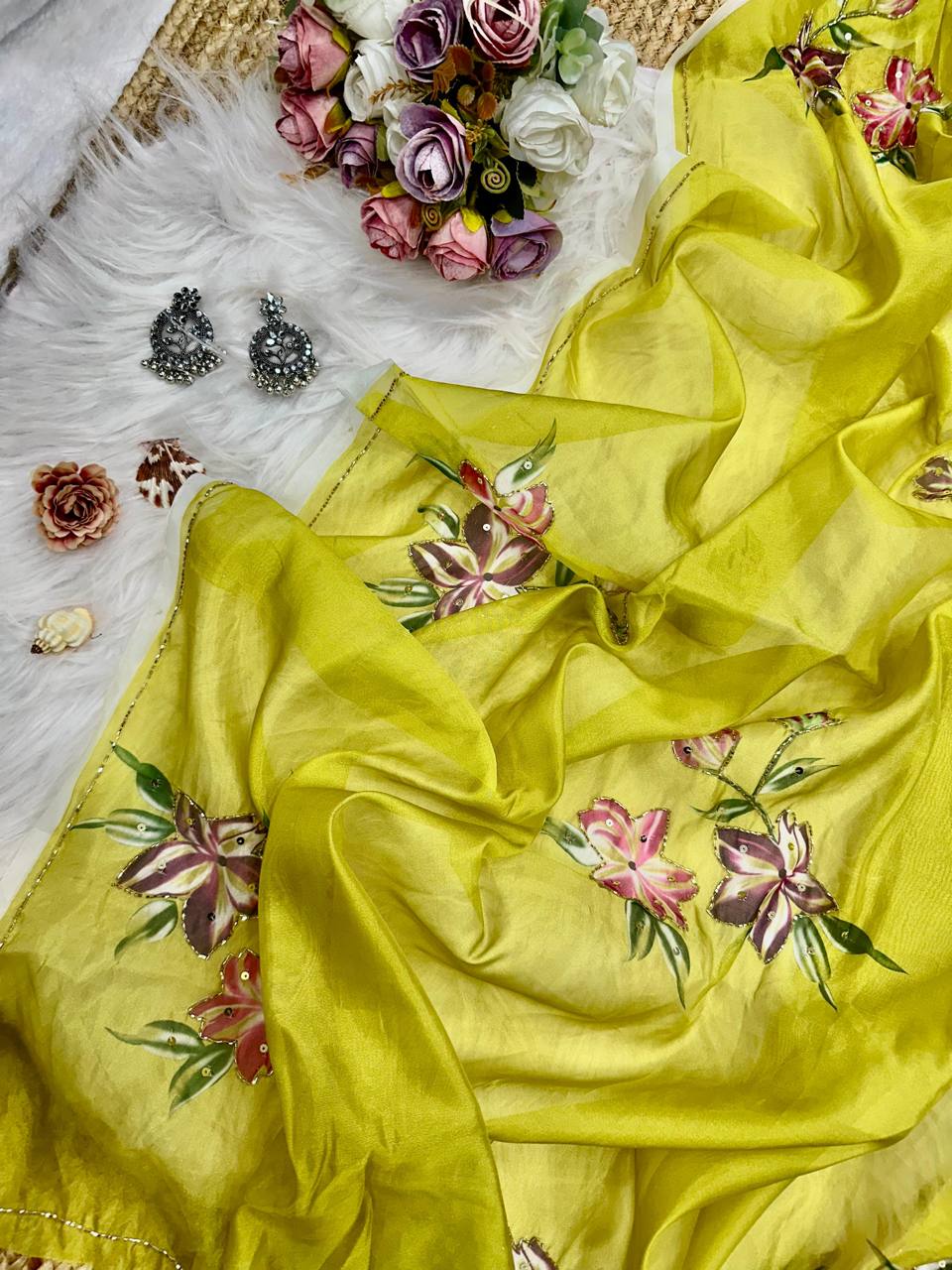 Lime Green Soft Tebi Silk Print Saree with Sequins Handwork Border