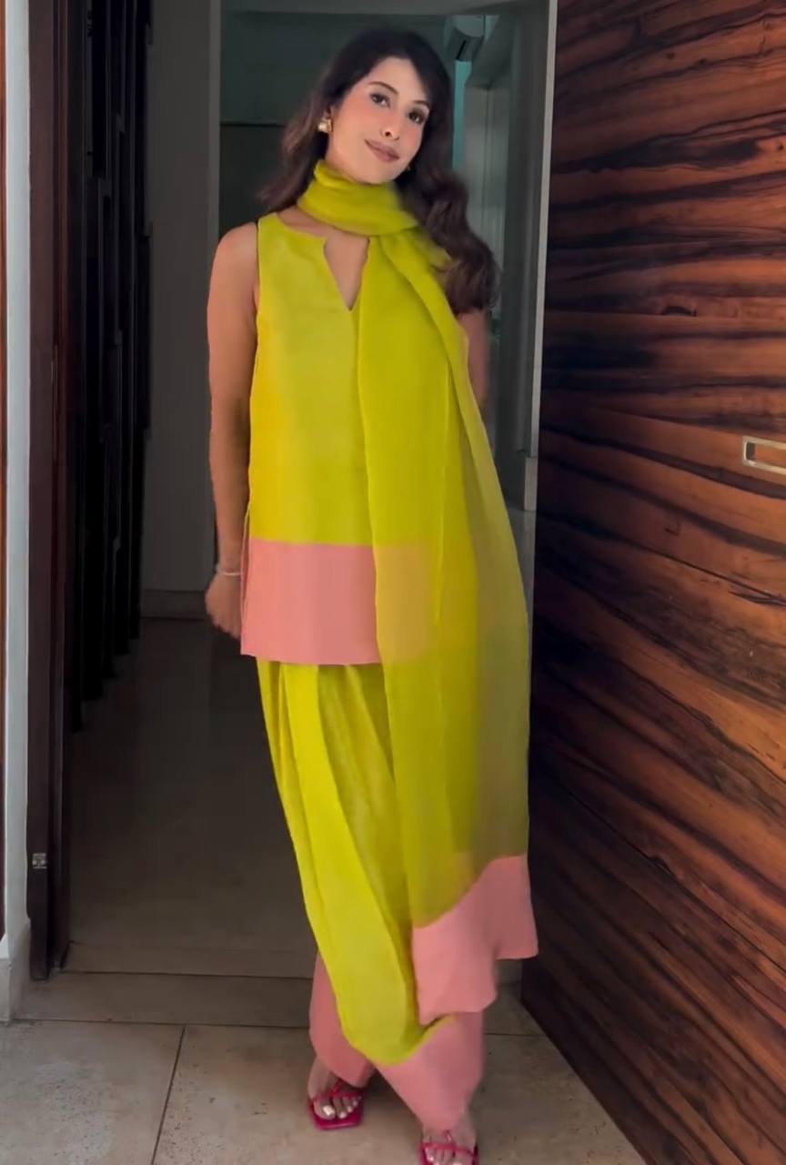 Lime Olive Green Designer Natural Crepe Silk Farshi Palazzo and Dupatta