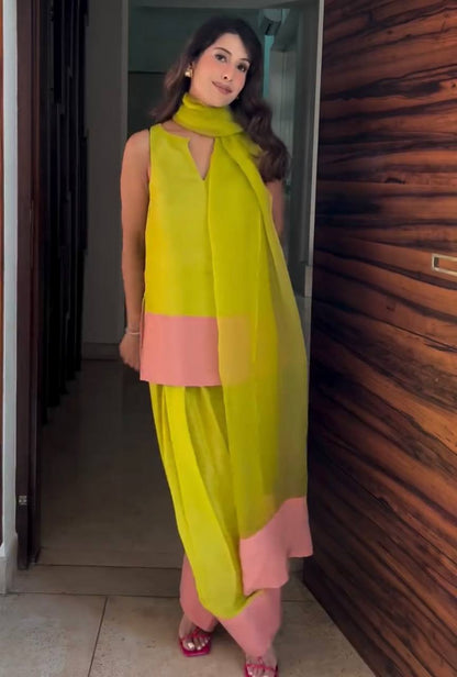 Lime Olive Green Designer Natural Crepe Silk Farshi Palazzo and Dupatta